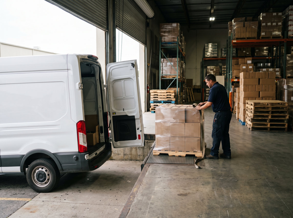 BMV driver loading pallets at a warehouse dock.